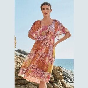 Johnny Was Floral Silk Dress Pink Macy Tiered Pastel Patchwork SZ Extra Small